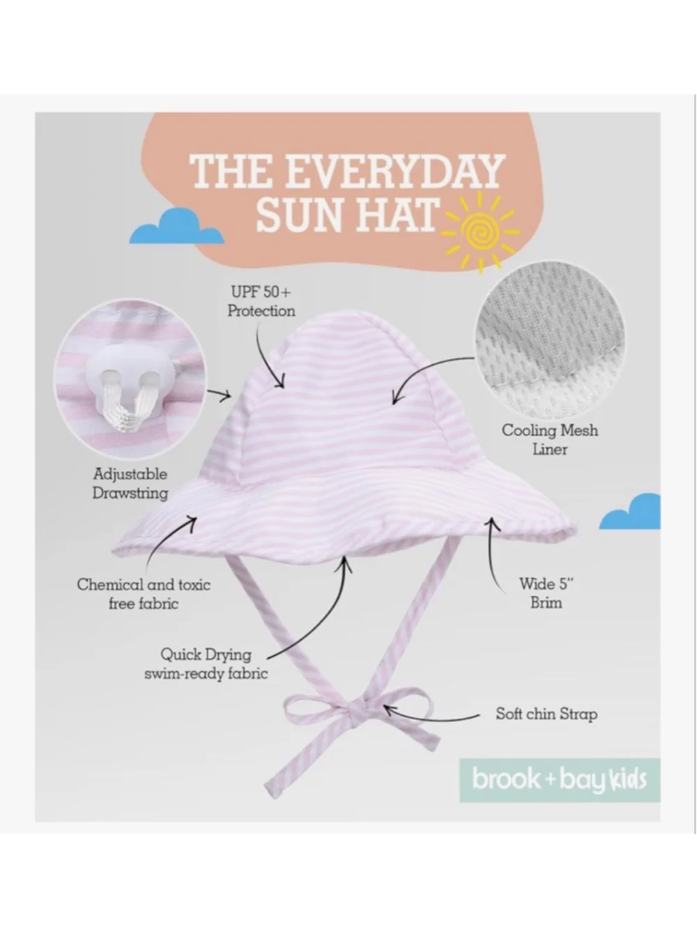 NEW Pink Striped Girls Sun Toddler Beach Sun Hat 2-4 Yrs
